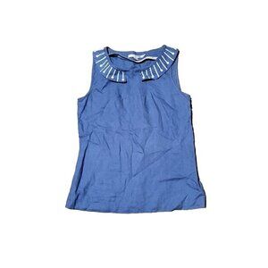BODEN Chambray Blue Linen Beaded Collar Sleeveless Blouse Womens‎ 2 Tank Top